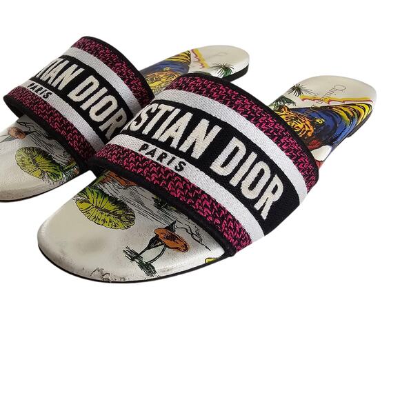 Christian Dior Dway Slide Flat Sandal Size 39 US 9 Pink White Leather Tiger - Picture 5 of 15
